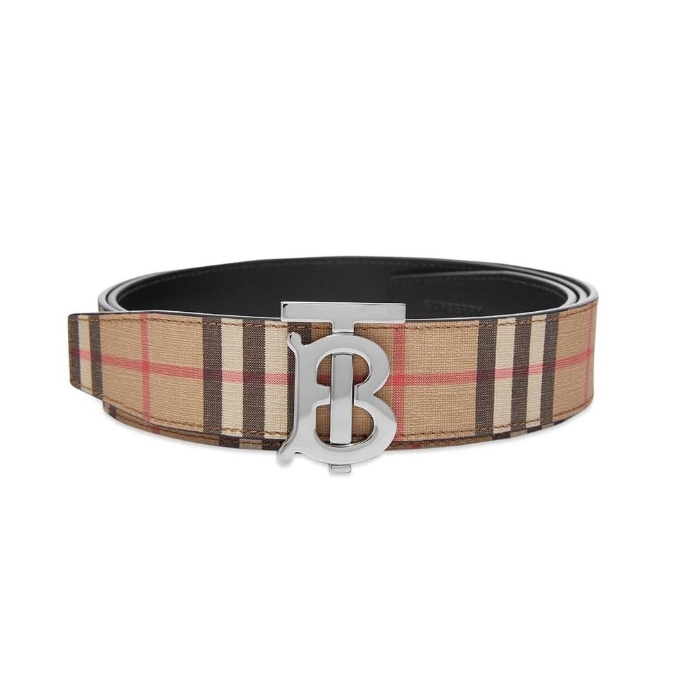 $580 BURBERRY TB 35 BEIGE CHECK BLACK LEATHER REVERSIBLE LOGO BUCKLE BELT 95 38